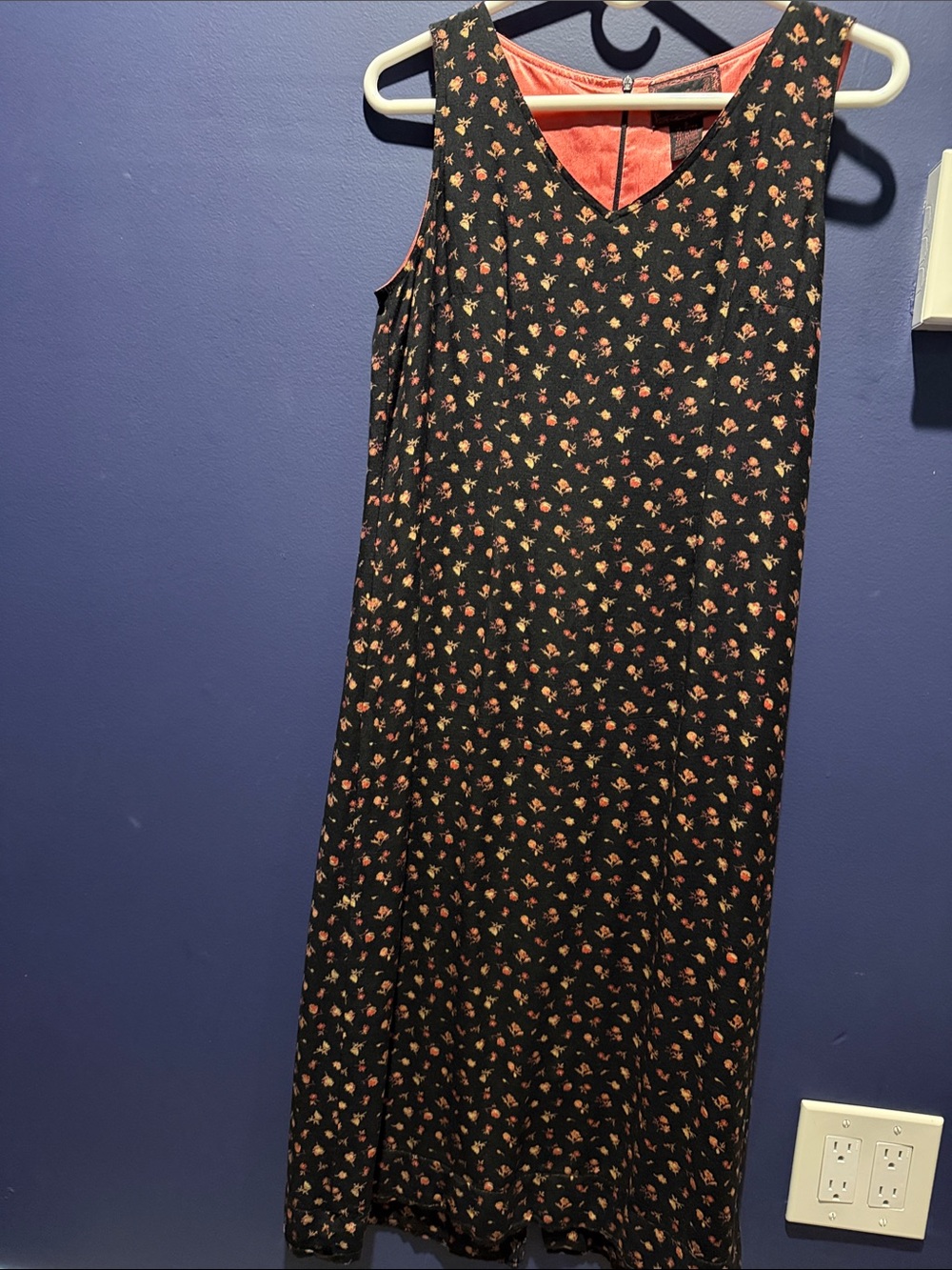 April Cornell Sleeveless Black Floral Midi Dress with Coral Lining